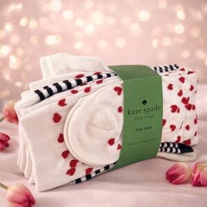 Set of 3 pairs Kate Spade Socks with Red, Stripe & Heart Designs | NWT